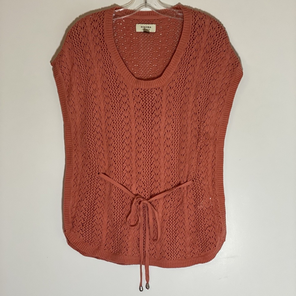 Sonoma Kimono Top Womens Small Orange Open Knit Belted Tie Front Boho Casual S